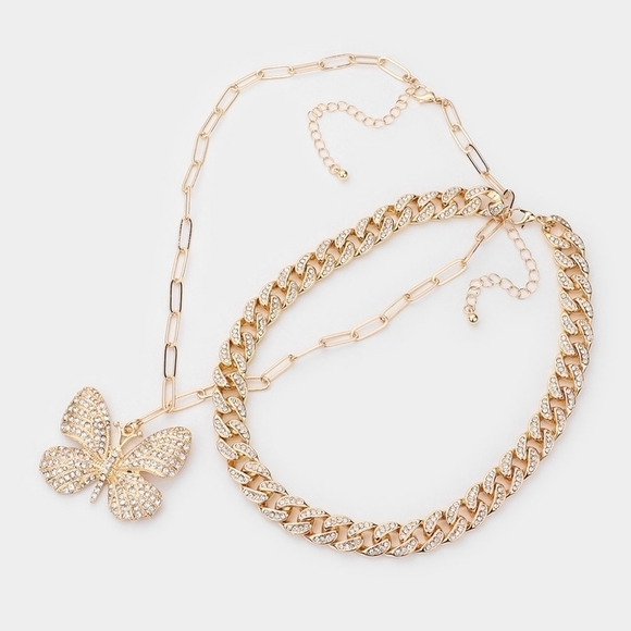 NEW Duble Rhinestone Gold Chain Butterfly Necklace Set - Picture 10 of 10